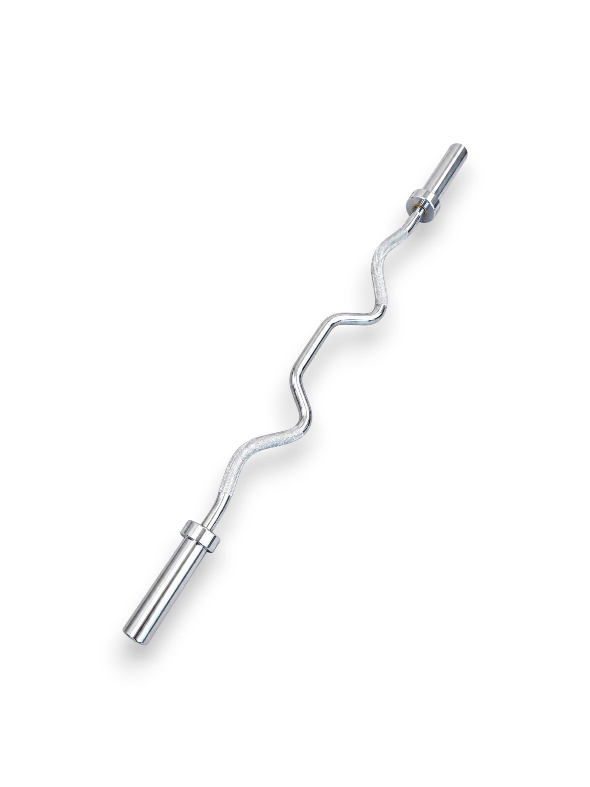 Solid steel 4ft Olympic Super EZ Curl Bar from Fitness Canada featuring highly aggressive ergonomic curves, precision mild knurling, and smooth-spinning chrome sleeves, isolated on a white background as seen in image.