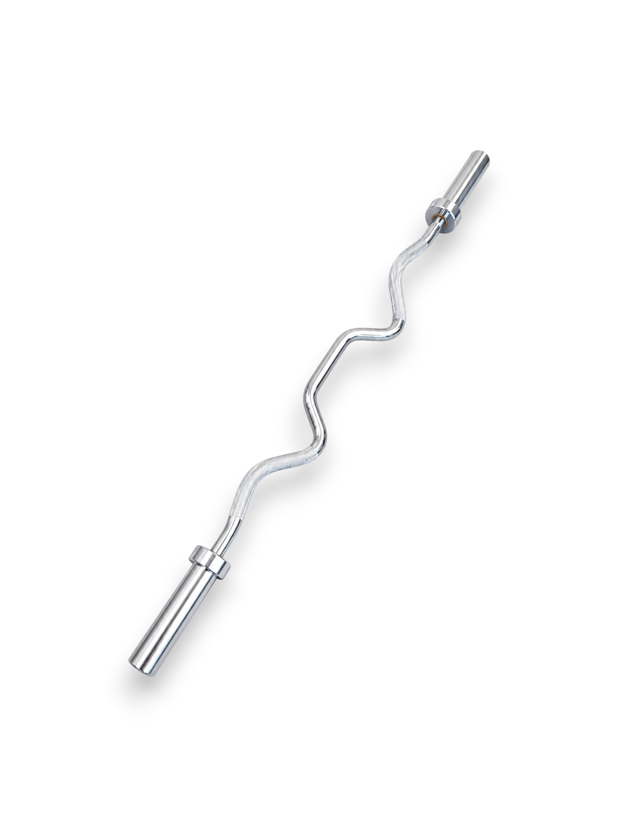 Solid steel 4ft Olympic Super EZ Curl Bar from Fitness Canada featuring highly aggressive ergonomic curves, precision mild knurling, and smooth-spinning chrome sleeves, isolated on a white background as seen in image.