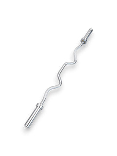 Solid steel 4ft Olympic Super EZ Curl Bar from Fitness Canada featuring highly aggressive ergonomic curves, precision mild knurling, and smooth-spinning chrome sleeves, isolated on a white background as seen in image.