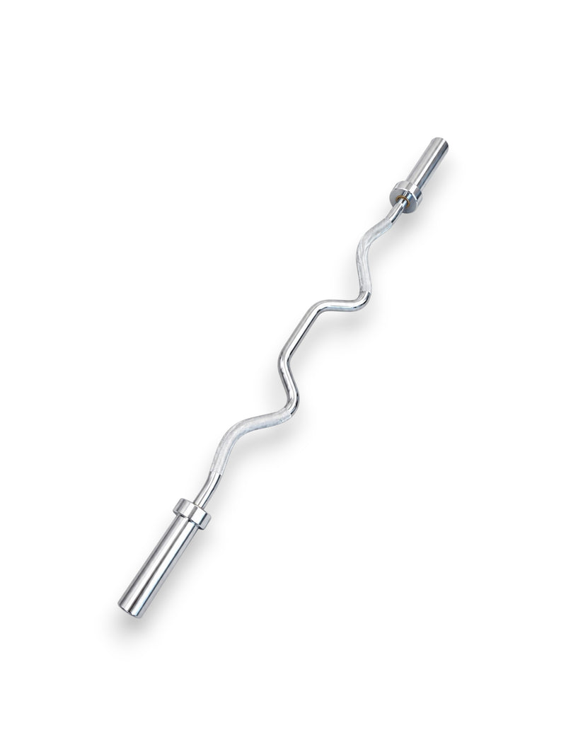 Solid steel 4ft Olympic Super EZ Curl Bar from Fitness Canada featuring highly aggressive ergonomic curves, precision mild knurling, and smooth-spinning chrome sleeves, isolated on a white background as seen in image.