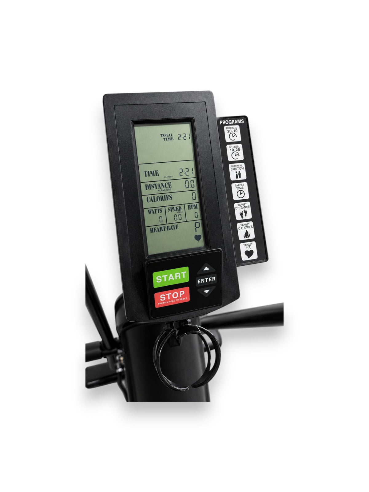 Close-up view of the Fitness Canada air bike digital console showing live time, distance, calories, speed, and watts metrics alongside seven target program buttons.
