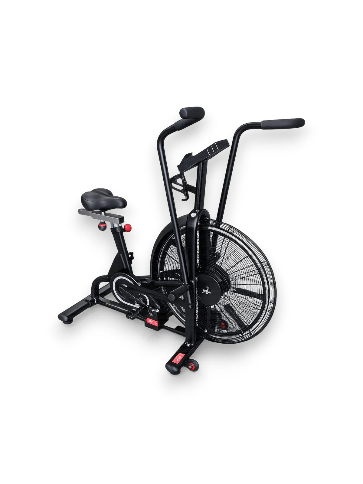 Side angle view of the black Fitness Canada air bike featuring dual-action arms, a large front steel fan wheel, padded adjustable seat, and front transport wheels isolated on a white background.