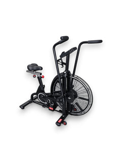 Side angle view of the black Fitness Canada air bike featuring dual-action arms, a large front steel fan wheel, padded adjustable seat, and front transport wheels isolated on a white background.