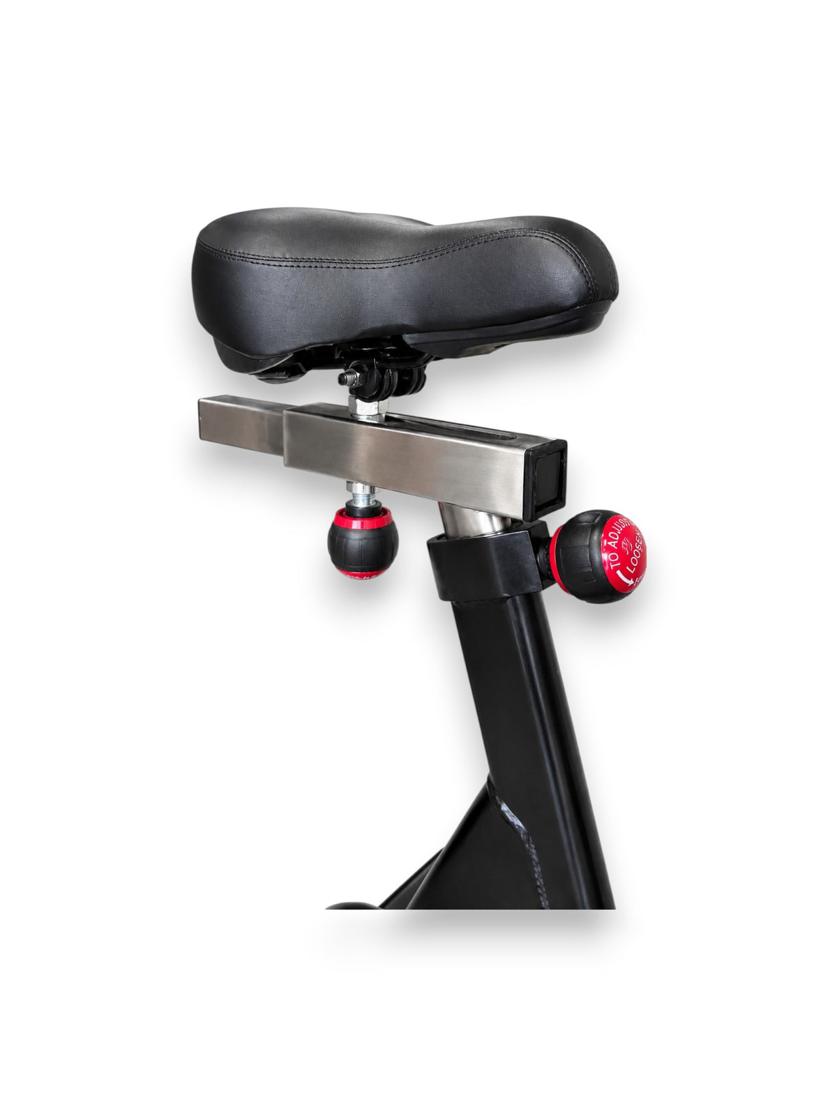 Side angle view of the black Fitness Canada air bike padded adjustable seat.