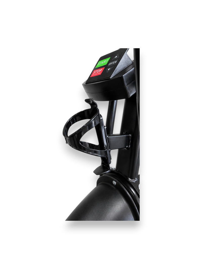 Close-up view of the Fitness Canada air bike water bottle holder.