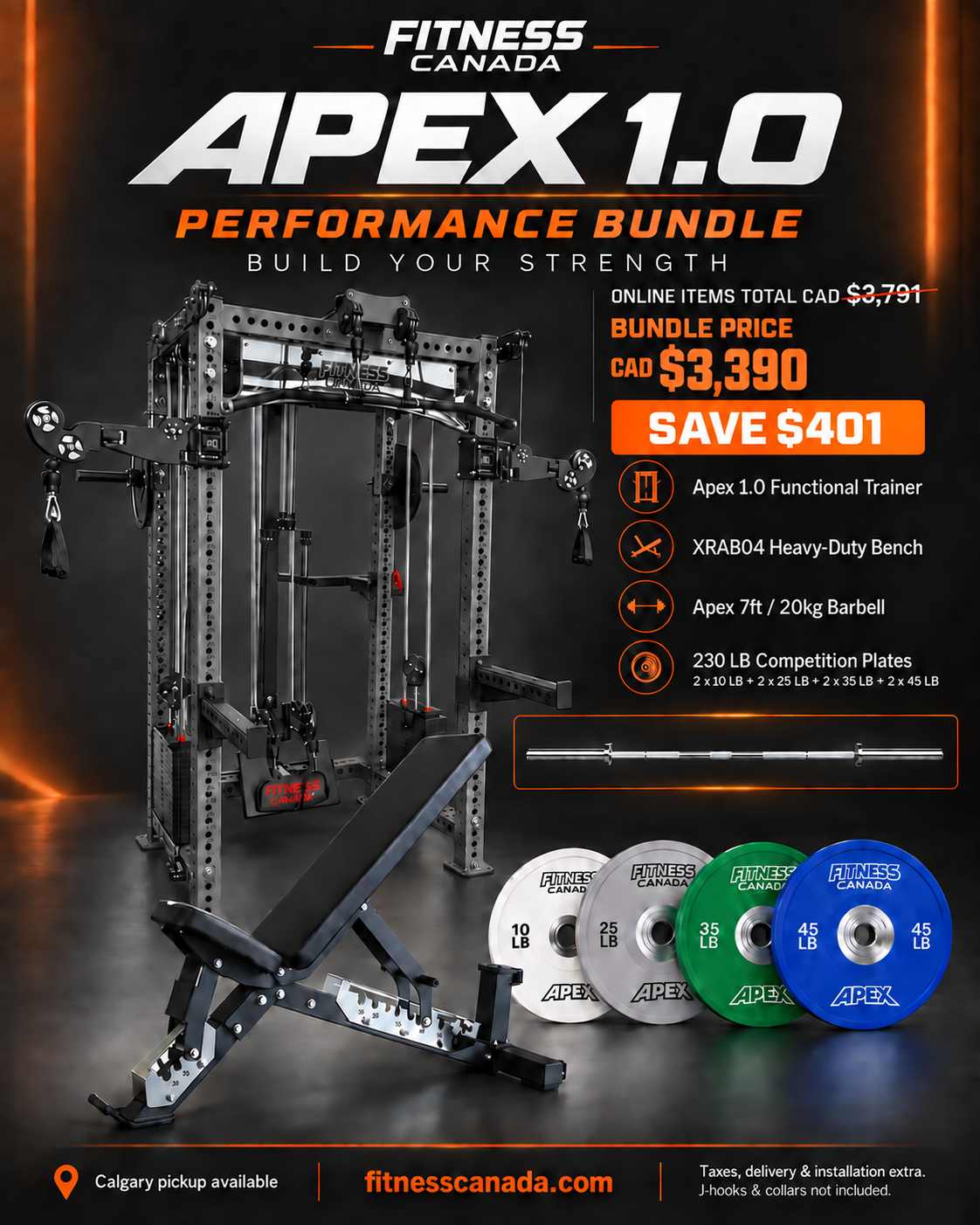 Apex 1.0 Functional Trainer Performance Bundle with XRAB04 bench, 20kg competition barbell, and 230lb coloured bumper plate set on dark background.