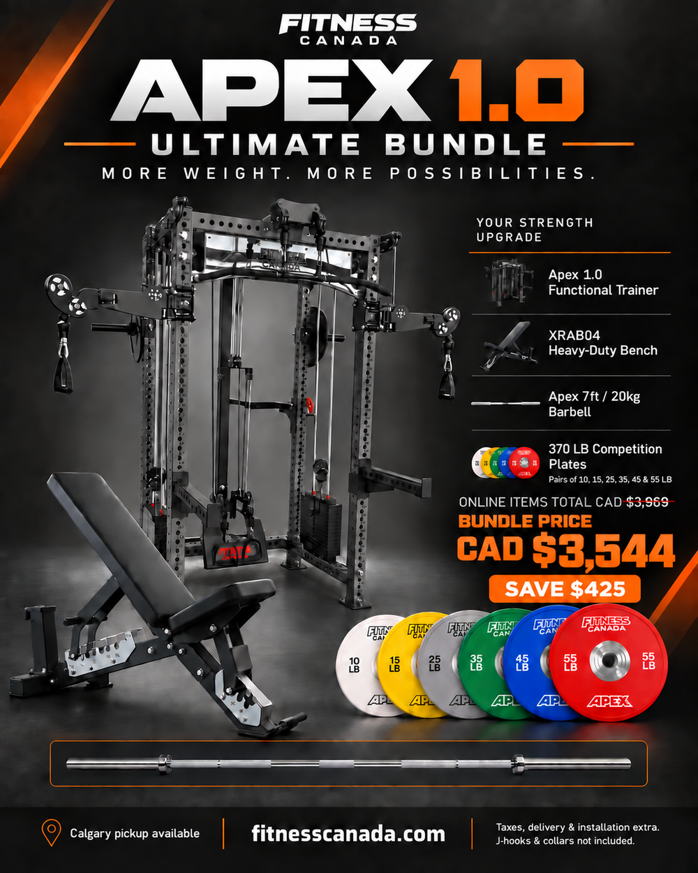 Apex 1.0 ULTIMATE BUNDLE with Heavy Duty Bench, 7ft 20kg Barbell, 370LB Bumper Plate Set | Fitness Canada™