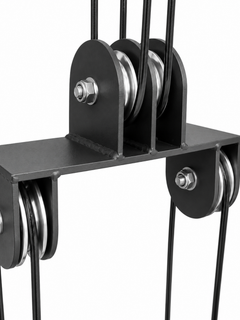 Angled view of the black Fitness Canada Apex 1.0 Power Rack floating cable pulleys isolated on a white background.