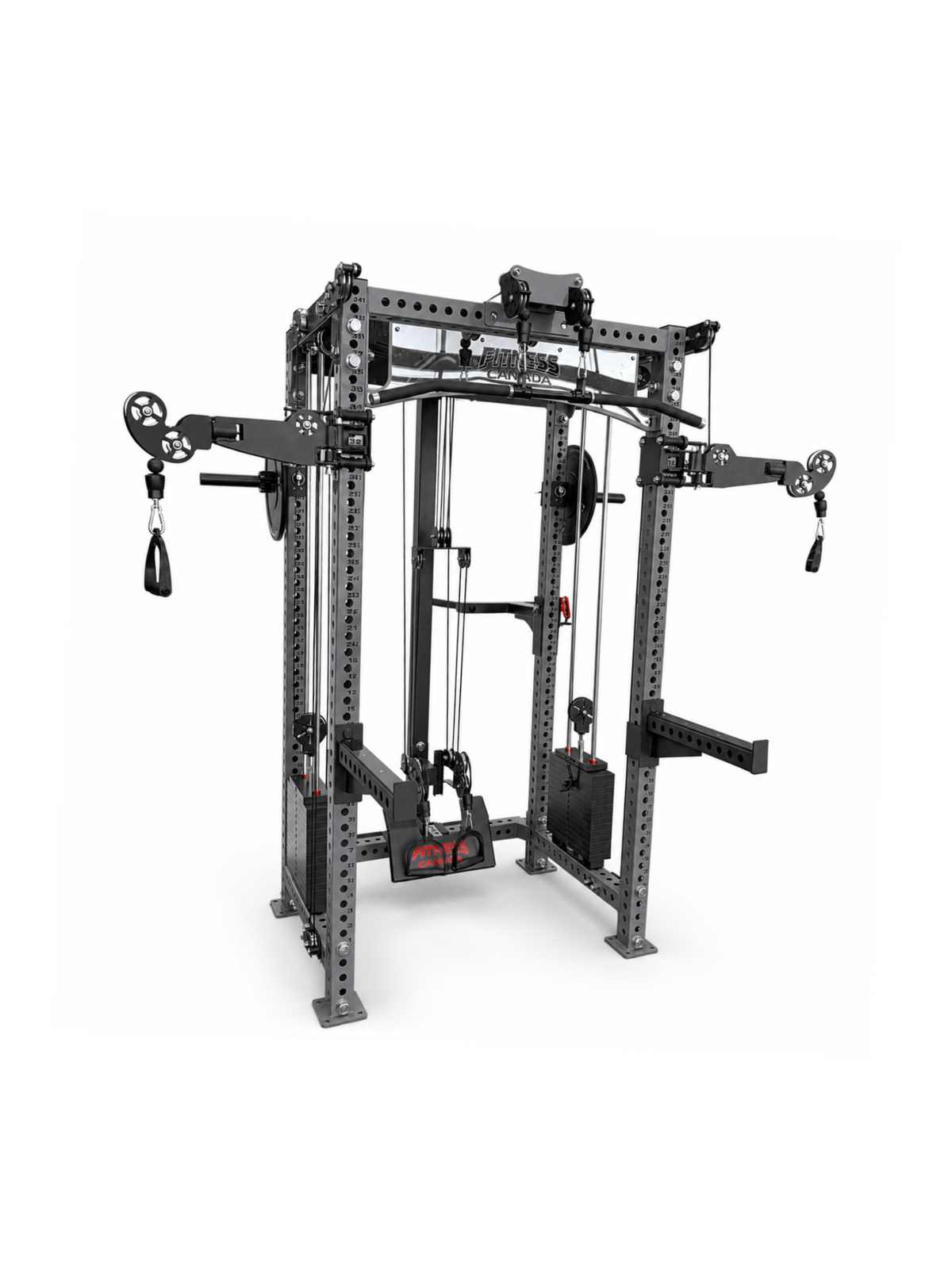Front angle view of the Fitness Canada Apex 1.0 All-In-One Power Rack featuring 3x3 11-gauge steel uprights, dual 220lb weight stacks, integrated lat pulldown station, and cable pulleys, isolated on a white background.