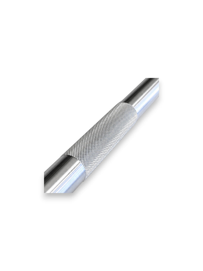 Premium 7ft high-strength alloy stainless steel Apex Series Competition Barbell from Fitness Canada featuring volcanic knurled shaft grip rings and dual hard chrome Olympic sleeves, isolated on a white background as seen in Image.