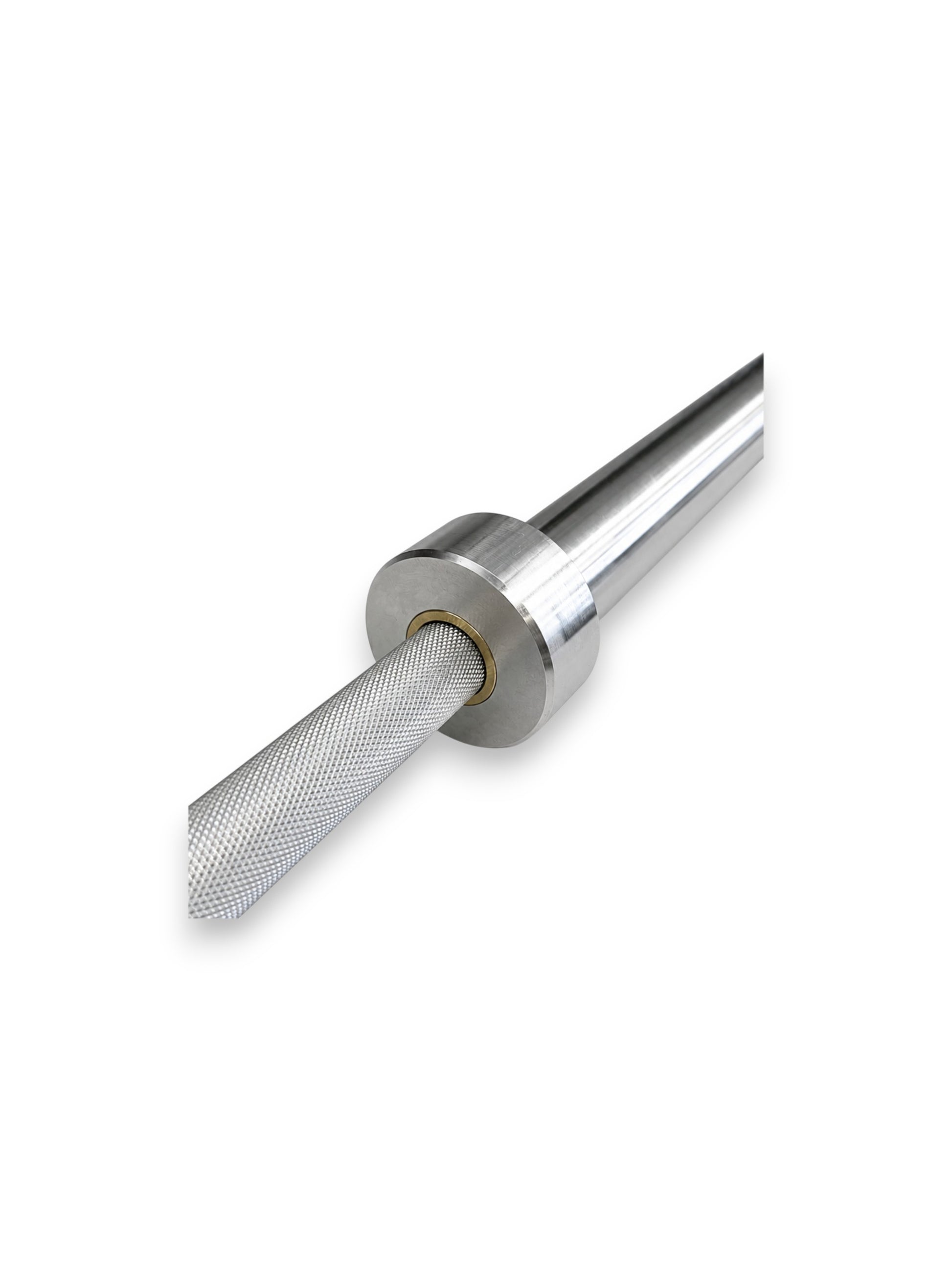 Premium 7ft high-strength alloy stainless steel Apex Series Competition Barbell from Fitness Canada featuring volcanic knurled shaft grip rings and dual hard chrome Olympic sleeves, isolated on a white background as seen in Image.