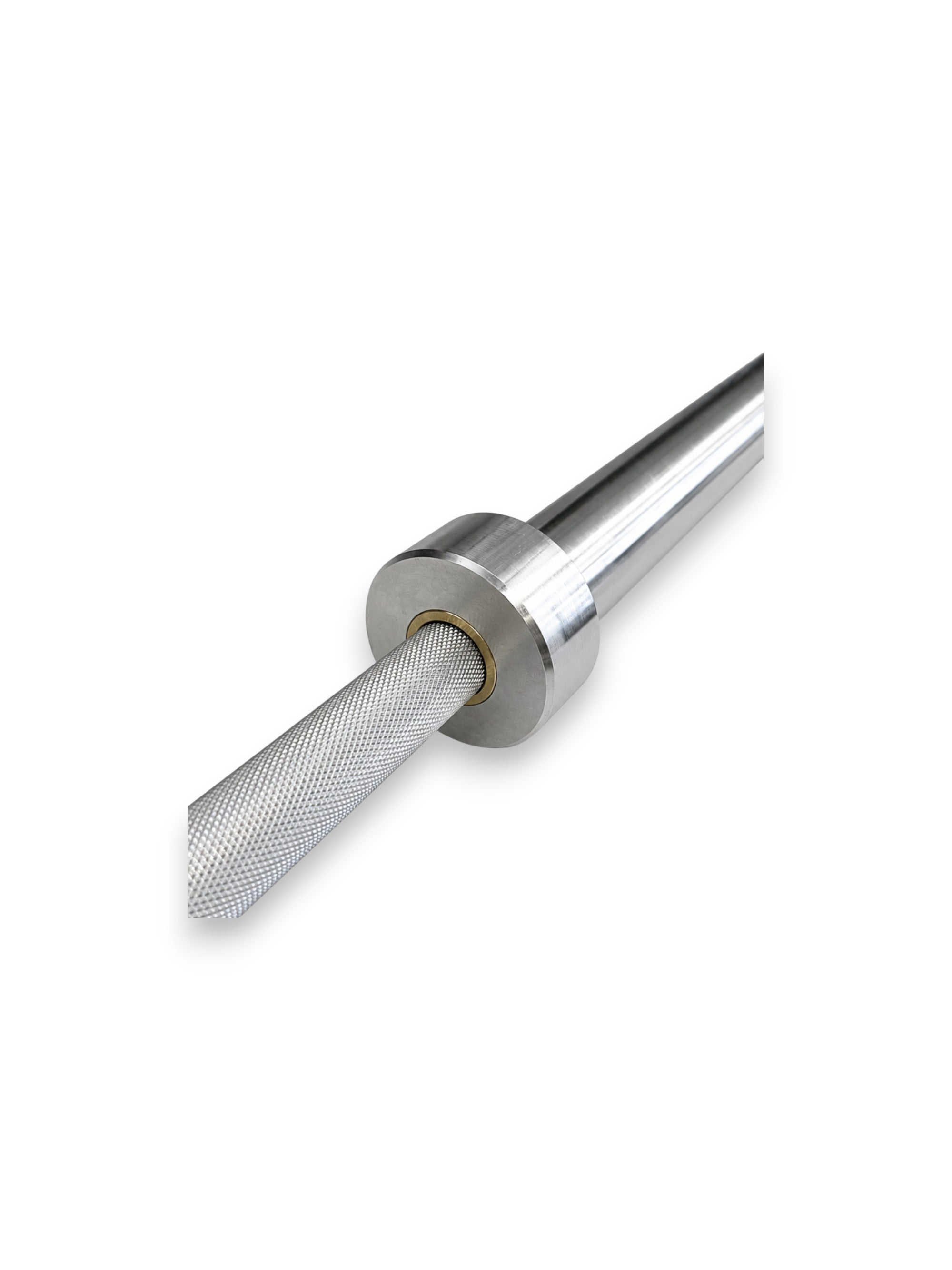 Premium 7ft high-strength alloy stainless steel Apex Series Competition Barbell from Fitness Canada featuring volcanic knurled shaft grip rings and dual hard chrome Olympic sleeves, isolated on a white background as seen in Image.