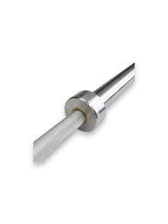 Premium 7ft high-strength alloy stainless steel Apex Series Competition Barbell from Fitness Canada featuring volcanic knurled shaft grip rings and dual hard chrome Olympic sleeves, isolated on a white background as seen in Image.
