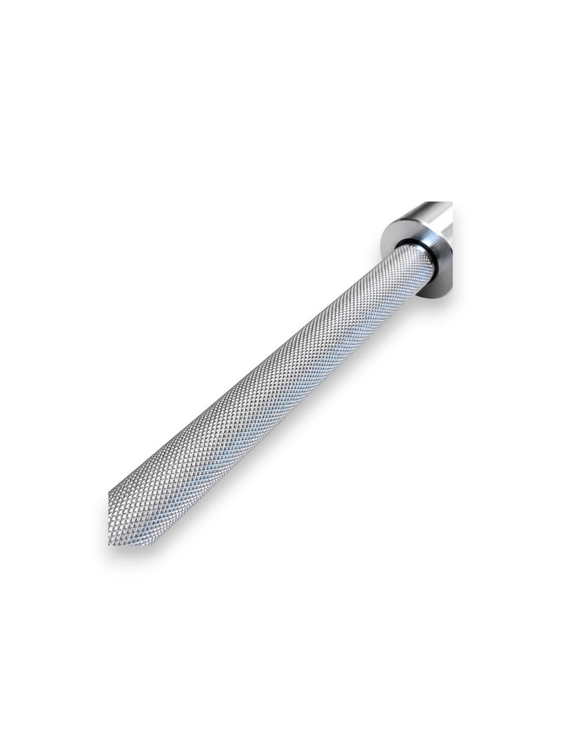 Premium 7ft high-strength alloy stainless steel Apex Series Competition Barbell from Fitness Canada featuring volcanic knurled shaft grip rings and dual hard chrome Olympic sleeves, isolated on a white background as seen in Image.