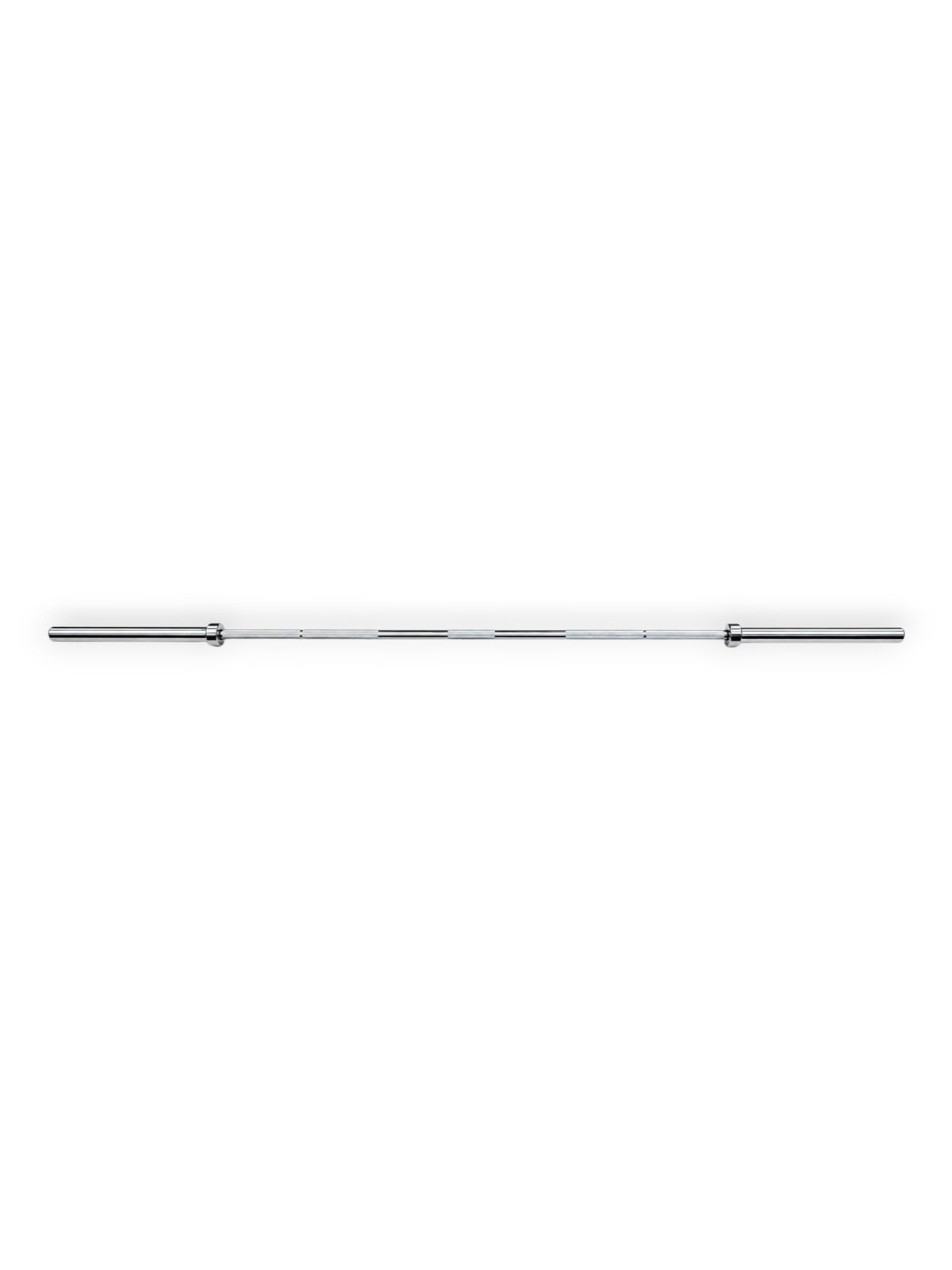 Premium 7ft high-strength alloy stainless steel Apex Series Competition Barbell from Fitness Canada featuring volcanic knurled shaft grip rings and dual hard chrome Olympic sleeves, isolated on a white background as seen in Image.