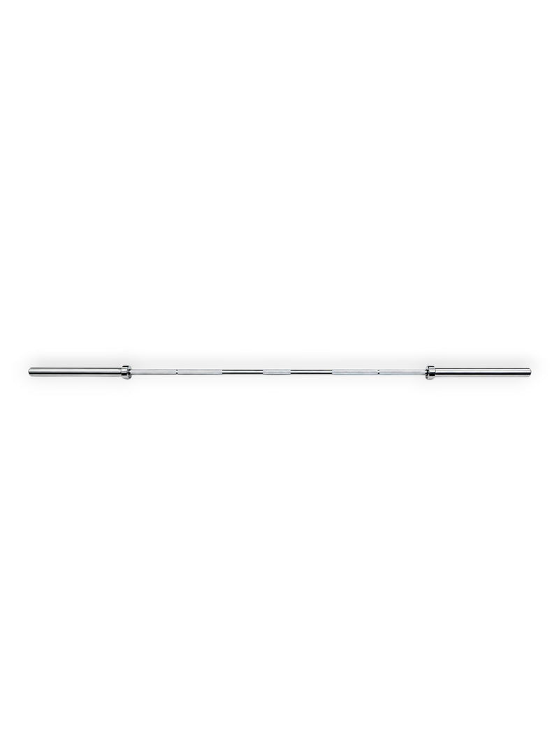 Premium 7ft high-strength alloy stainless steel Apex Series Competition Barbell from Fitness Canada featuring volcanic knurled shaft grip rings and dual hard chrome Olympic sleeves, isolated on a white background as seen in Image.
