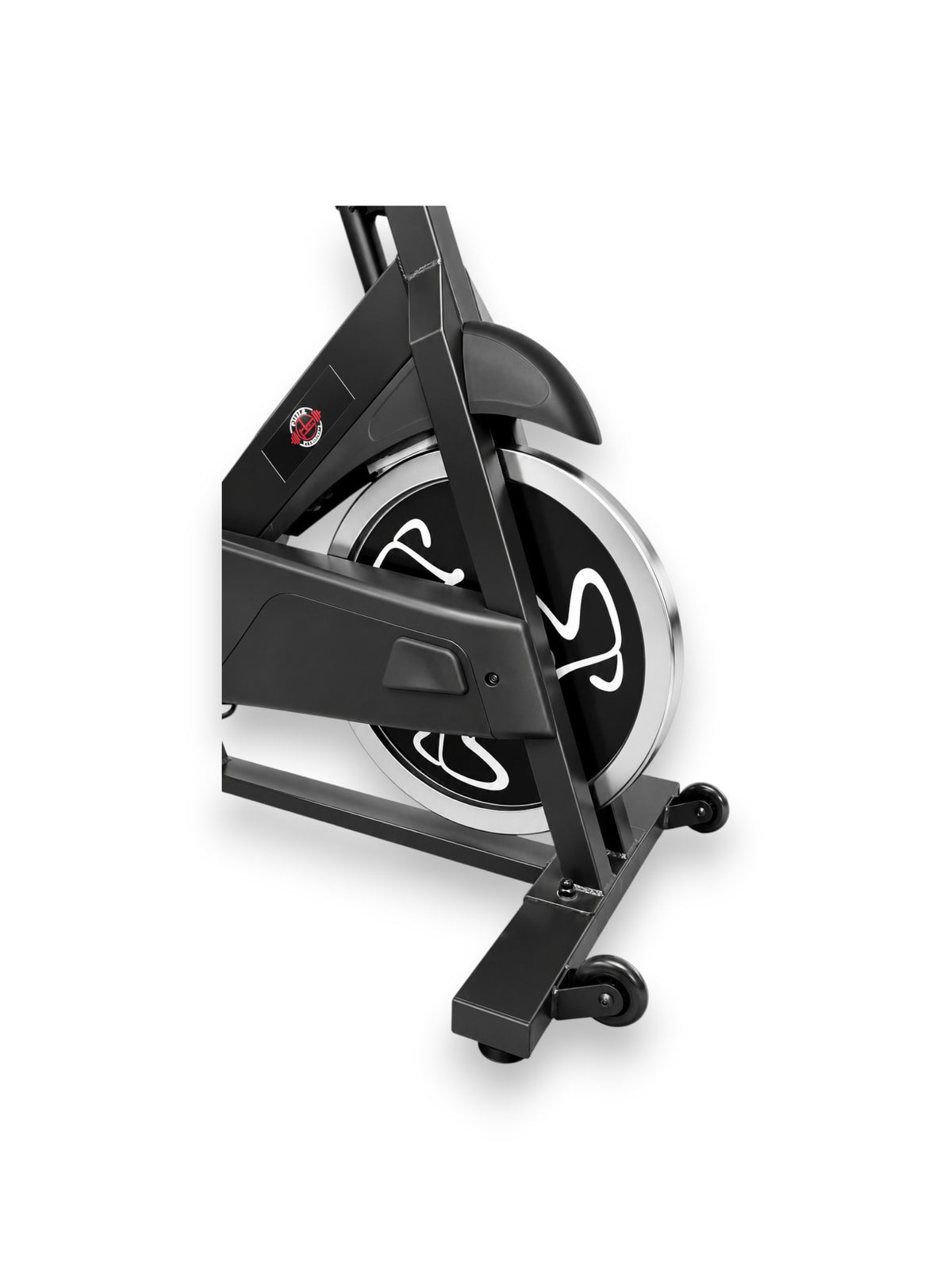 Close up view of the black Fitness Canada Cycling Spin Bike featuring a quiet belt drive system, friction pad spin wheel, and front transport wheels