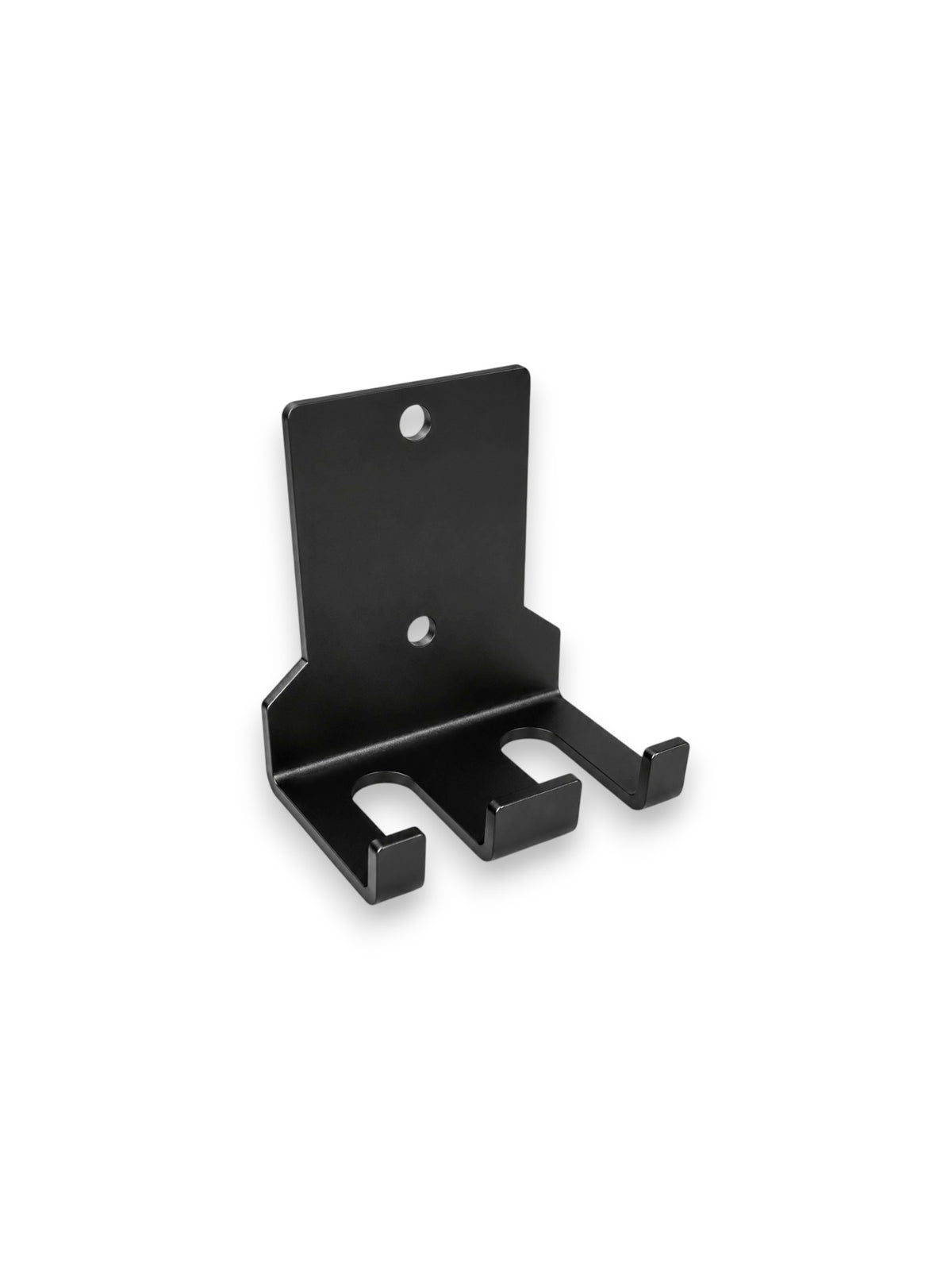 Compact matte black steel double vertical wall-mounted barbell holder from the X-Rival Series featuring two laser-cut vertical storage prongs, isolated on a white background as seen in DOUBLE WALL MOUNTED BARBELL HOLDER