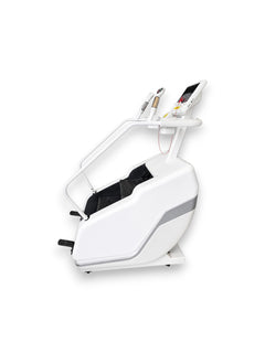 Side profile view of a sleek white Fitness Canada electric stair climber machine featuring handlebar pulse sensors, a digital console, non-slip steps, and safety stop lanyard, isolated on a white background as seen in image.