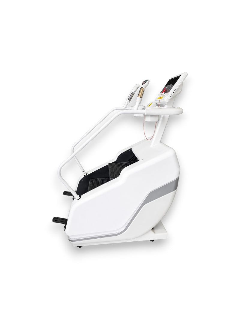Side profile view of a sleek white Fitness Canada electric stair climber machine featuring handlebar pulse sensors, a digital console, non-slip steps, and safety stop lanyard, isolated on a white background as seen in image.