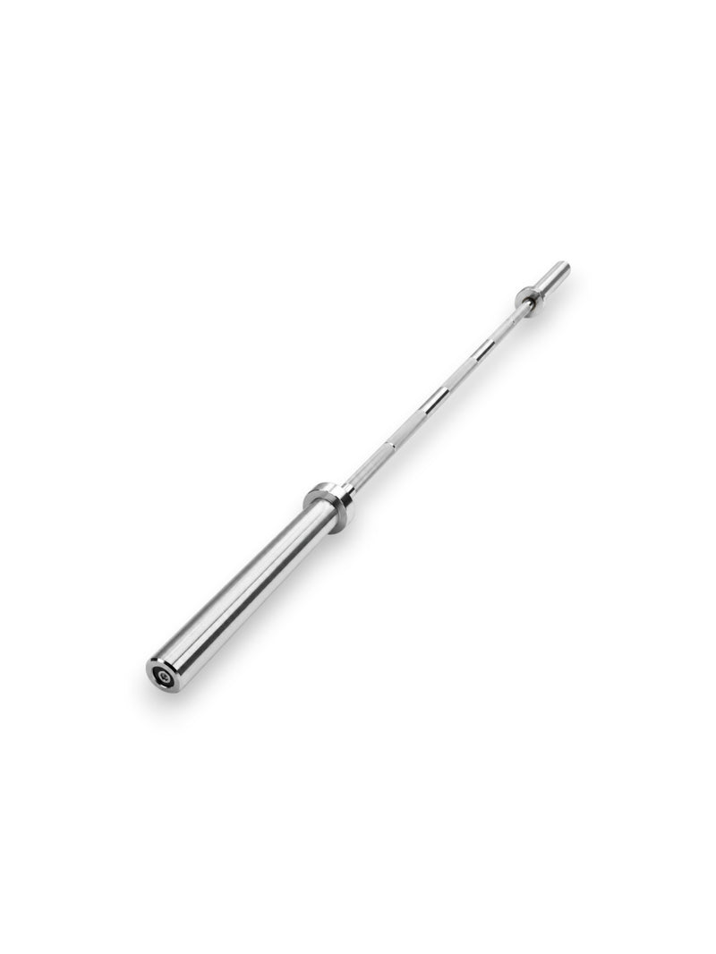 Classic 7ft chrome-plated Olympic EVO Series Barbell from Fitness Canada weighing 15kg, featuring a 28mm knurled shaft and dual bushing sleeves with black bands, isolated on a white background as seen in image.