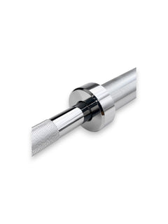 Classic 7ft chrome-plated Olympic EVO Series Barbell from Fitness Canada weighing 15kg, featuring a 28mm knurled shaft and dual bushing sleeves with black bands, isolated on a white background as seen in image.
