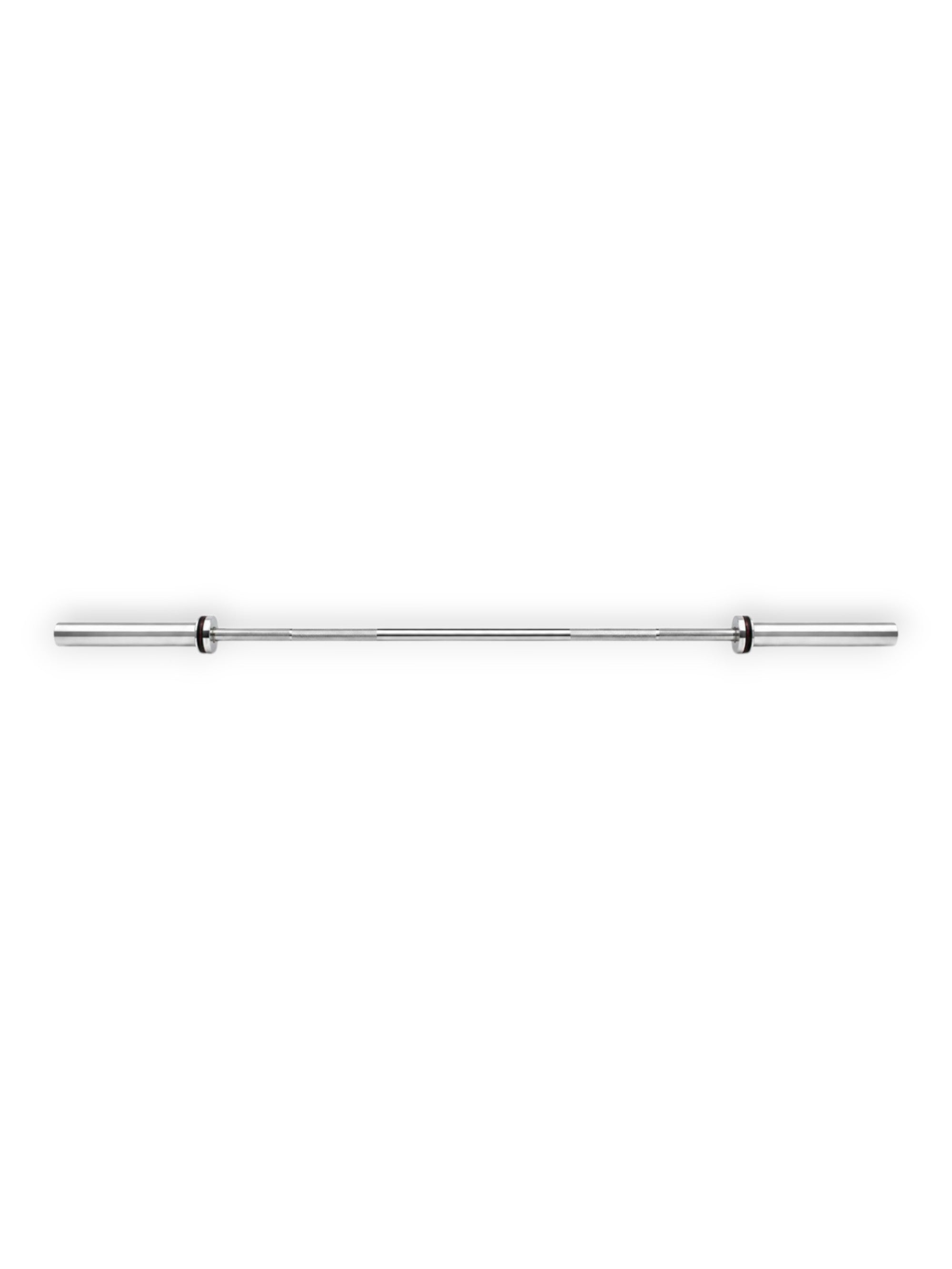 Classic 7ft chrome-plated Olympic EVO Series Barbell from Fitness Canada weighing 15kg, featuring a 28mm knurled shaft and dual bushing sleeves with black bands, isolated on a white background as seen in image.