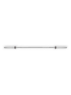 Classic 7ft chrome-plated Olympic EVO Series Barbell from Fitness Canada weighing 15kg, featuring a 28mm knurled shaft and dual bushing sleeves with black bands, isolated on a white background as seen in image.