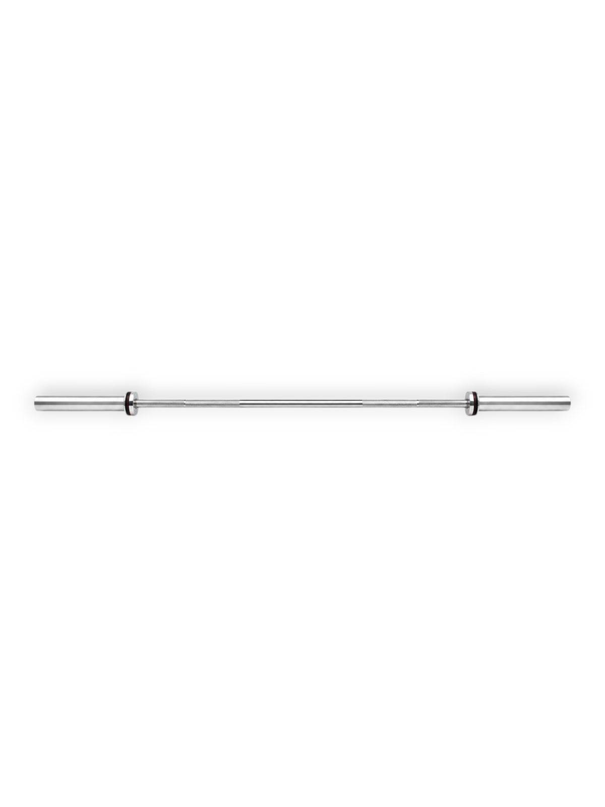Classic 7ft chrome-plated Olympic EVO Series Barbell from Fitness Canada weighing 15kg, featuring a 28mm knurled shaft and dual bushing sleeves with black bands, isolated on a white background as seen in image.