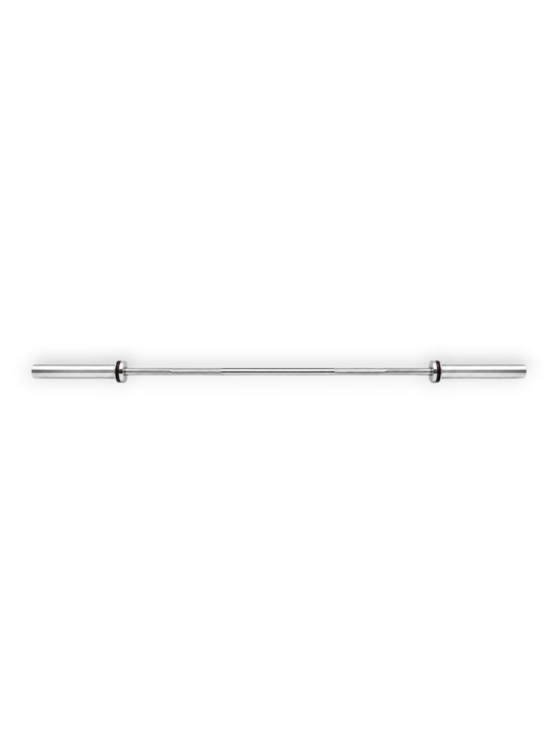 Classic 7ft chrome-plated Olympic EVO Series Barbell from Fitness Canada weighing 15kg, featuring a 28mm knurled shaft and dual bushing sleeves with black bands, isolated on a white background as seen in image.