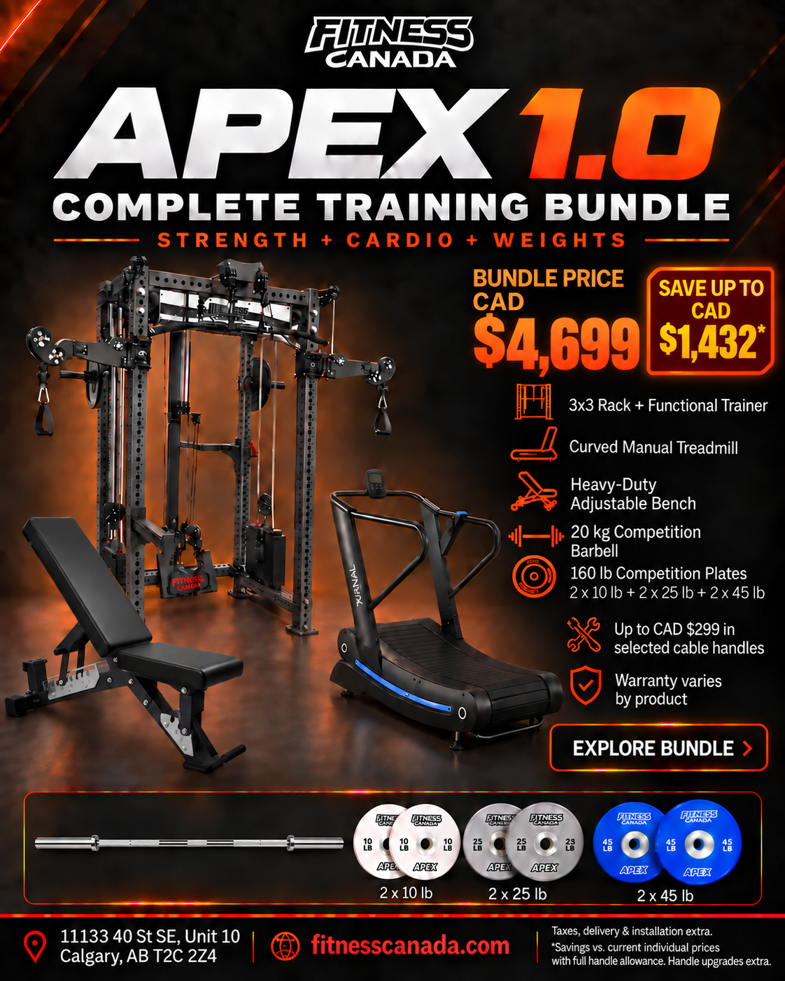 APEX 1.0 Complete Training Bundle | Heavy-Duty Bench, 20 kg Competition Bar & Cardio