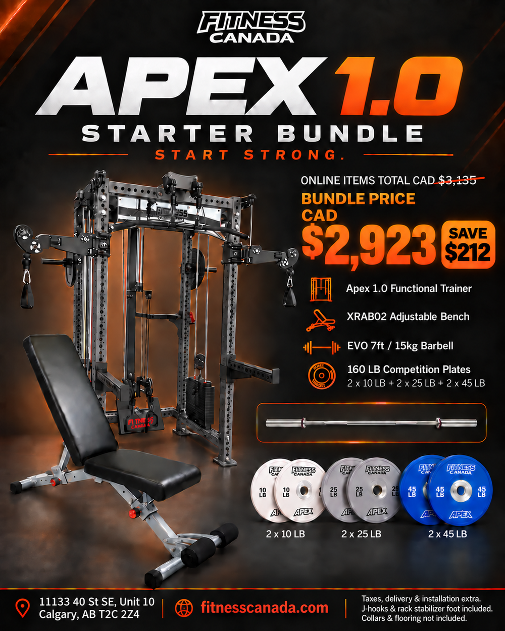 Apex 1.0 STARTER BUNDLE with FID Bench, 7ft 15kg Barbell, 160LB Bumper Plate Set | Fitness Canada™