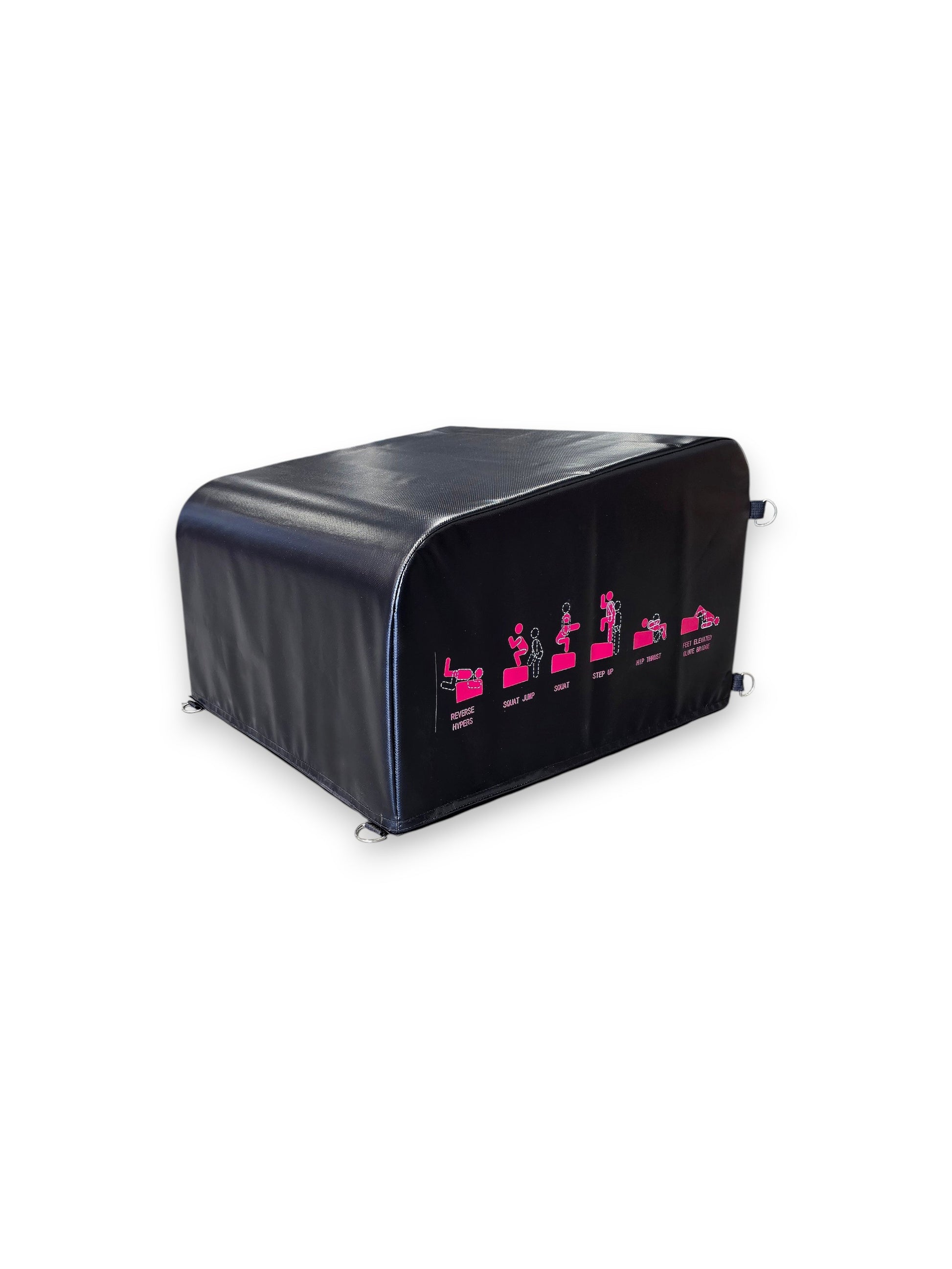 Angled view of the Fitness Canada black vinyl padded hip thrust and step up box on a gym floor, displaying pink instructional exercise icons on the side and heavy-duty steel D-ring resistance band anchors, as seen in image.