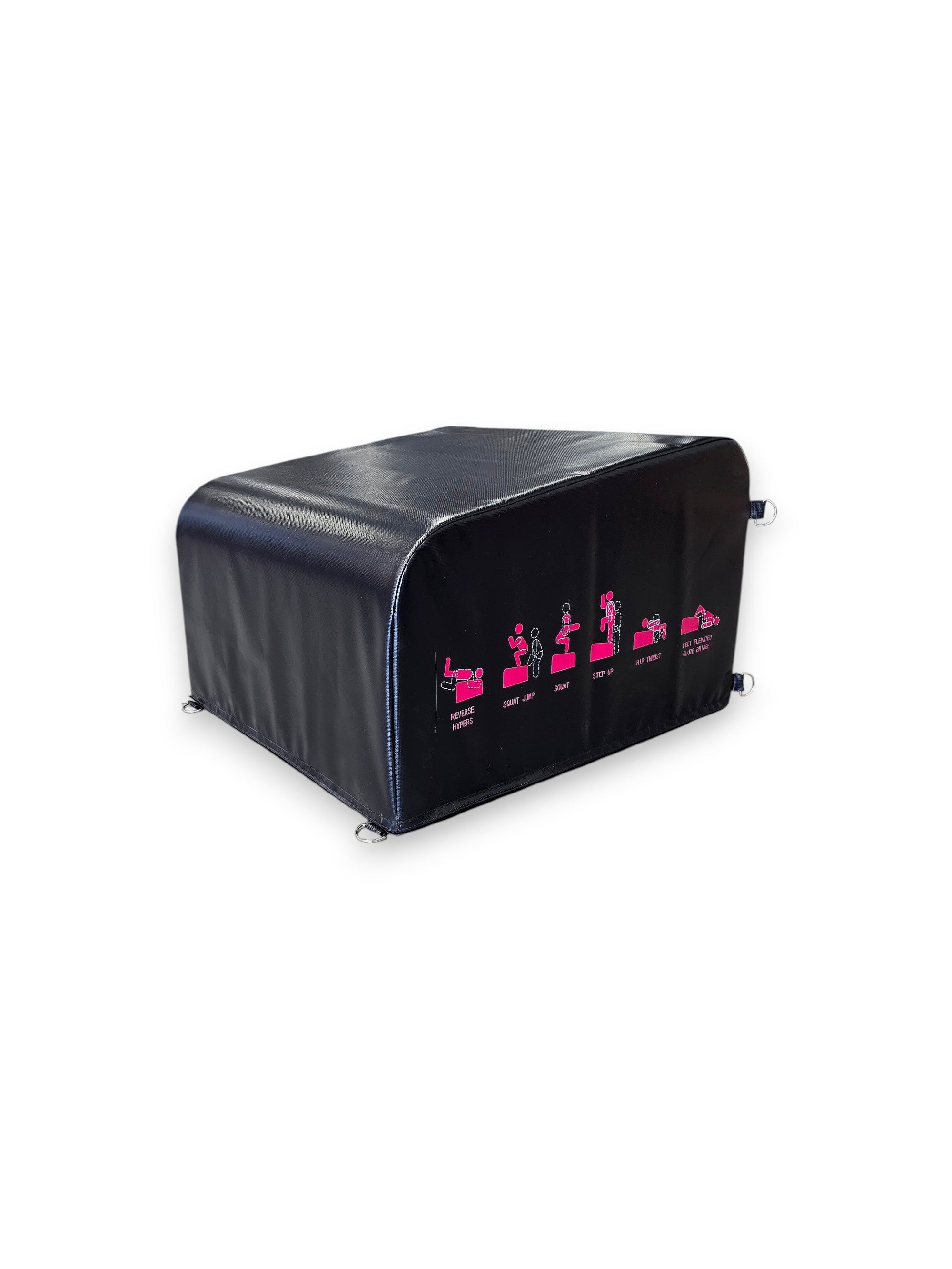 Angled view of the Fitness Canada black vinyl padded hip thrust and step up box on a gym floor, displaying pink instructional exercise icons on the side and heavy-duty steel D-ring resistance band anchors, as seen in image.