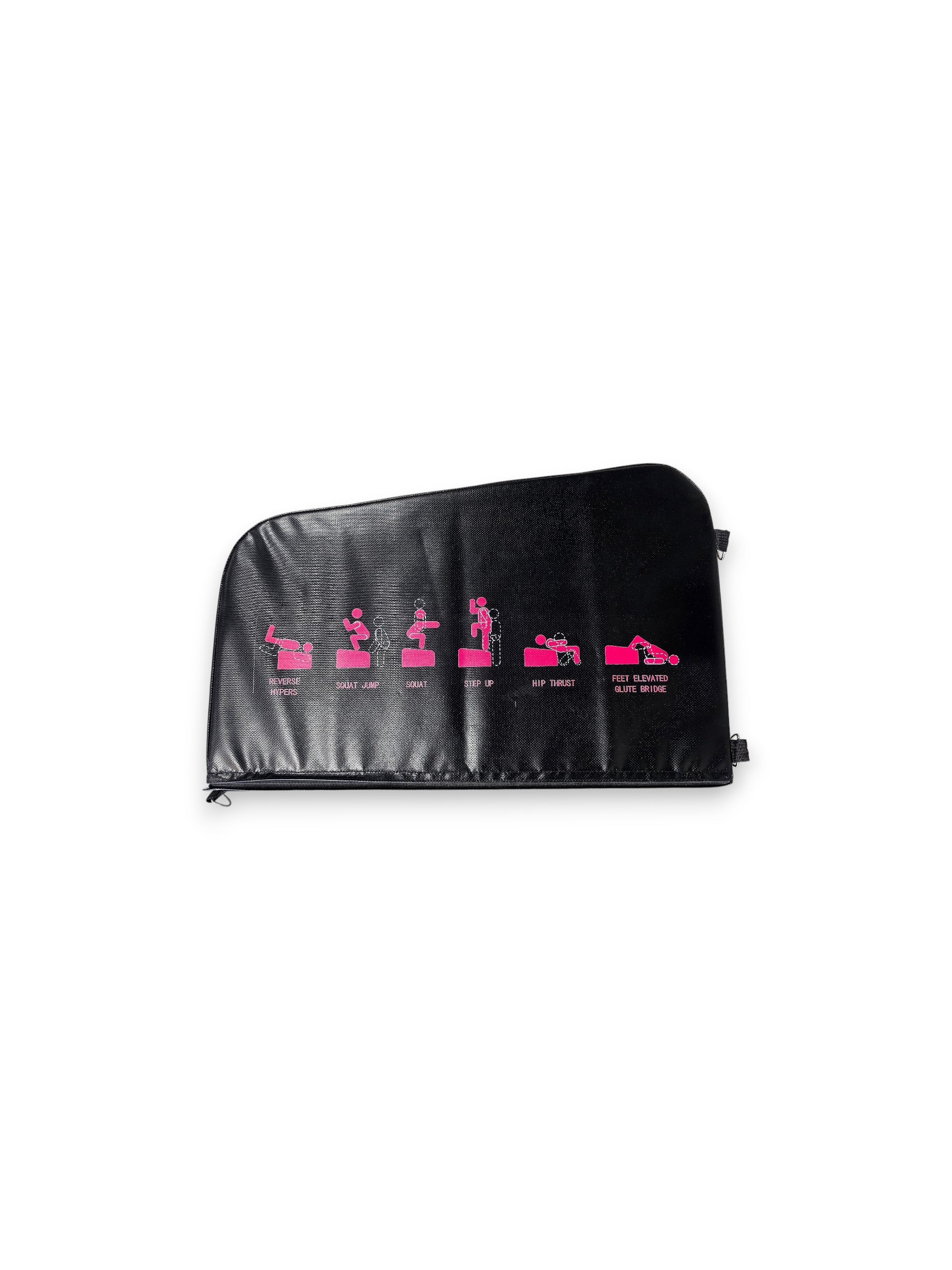 Side view of the Fitness Canada black vinyl padded hip thrust and step up box on a gym floor, displaying pink instructional exercise icons on the side and heavy-duty steel D-ring resistance band anchors, as seen in image.