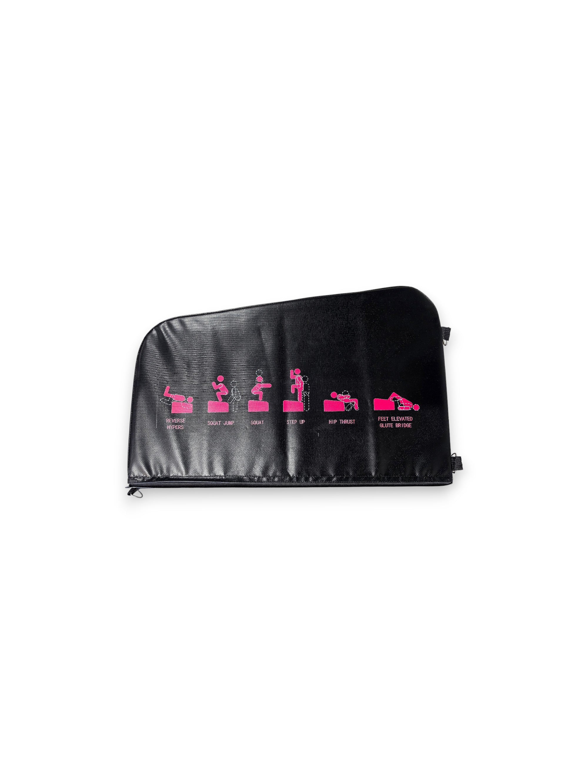 Side view of the Fitness Canada black vinyl padded hip thrust and step up box on a gym floor, displaying pink instructional exercise icons on the side and heavy-duty steel D-ring resistance band anchors, as seen in image.