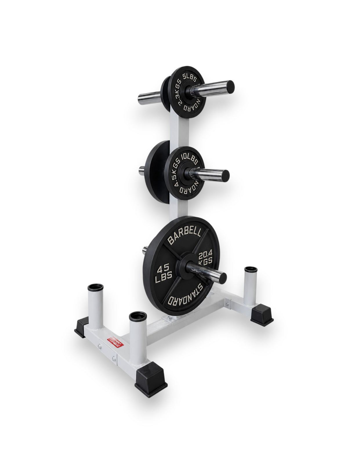 Light gray Fitness Canada Olympic Weight Plate Tree with 6 chrome plate pegs and 4 vertical barbell holder tubes with cast iron weight plates isolated on a white background