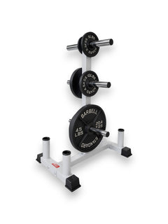 Light gray Fitness Canada Olympic Weight Plate Tree with 6 chrome plate pegs and 4 vertical barbell holder tubes with cast iron weight plates isolated on a white background