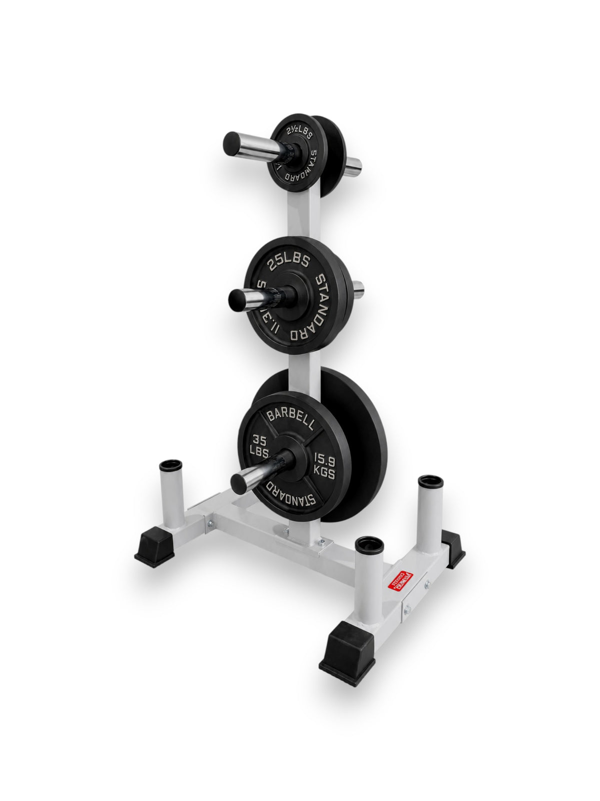Light gray Fitness Canada Olympic Weight Plate Tree with 6 chrome plate pegs and 4 vertical barbell holder tubes with cast iron weight plates on weight plate tree sleeves isolated on a white background
