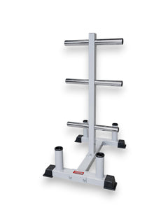 Light gray Fitness Canada Olympic Weight Plate Tree with 6 chrome plate pegs and 4 vertical barbell holder tubes isolated on a white background