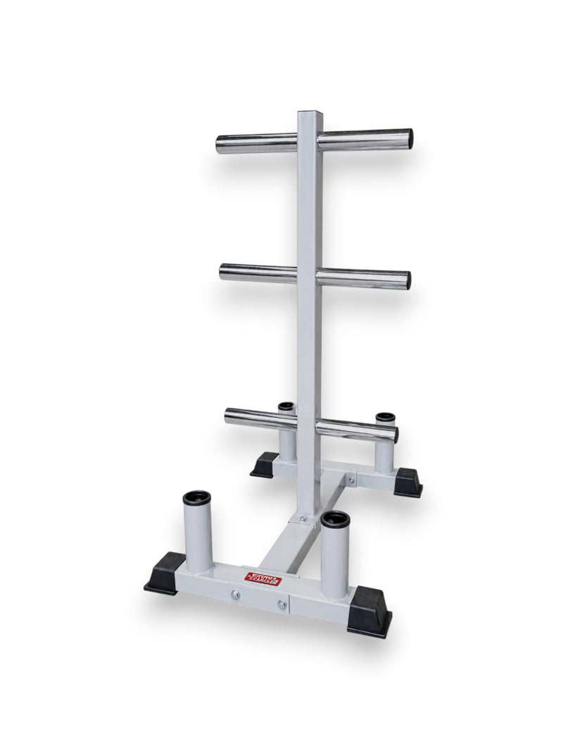 Light gray Fitness Canada Olympic Weight Plate Tree with 6 chrome plate pegs and 4 vertical barbell holder tubes isolated on a white background