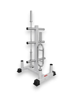Light gray Fitness Canada Olympic Weight Plate Tree with 6 chrome plate pegs and 4 vertical barbell holder tubes holding a chrome barbell and triceps bar isolated on a white background