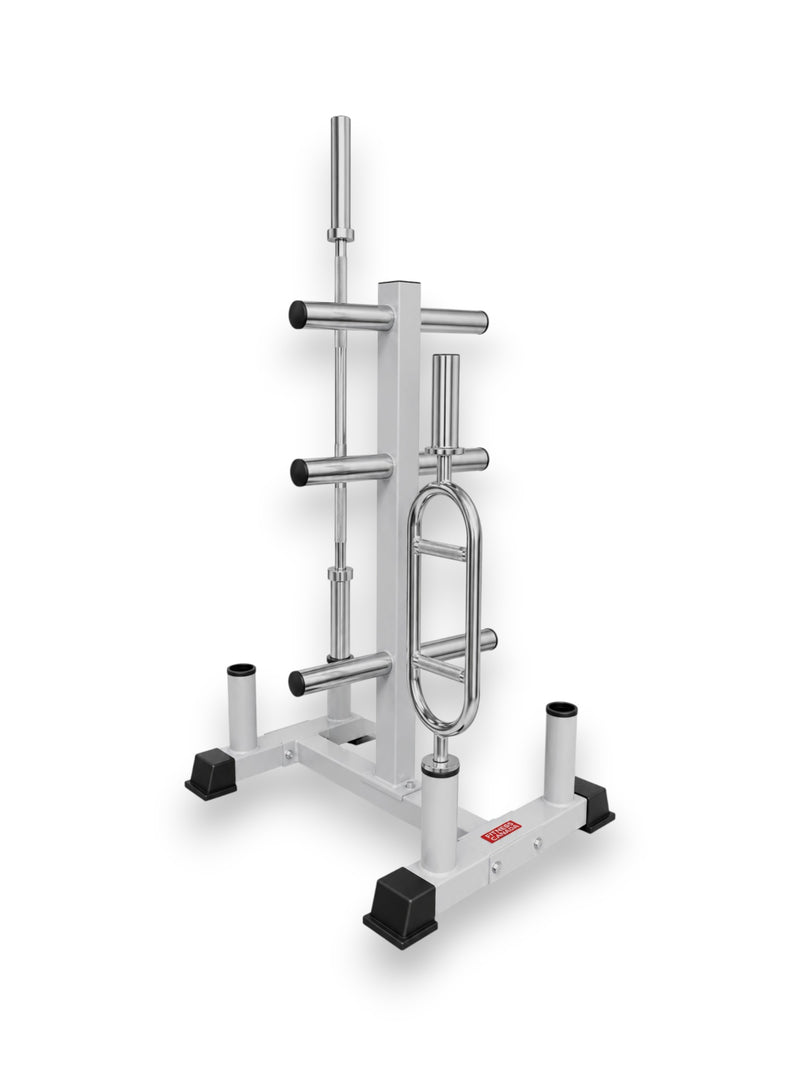 Light gray Fitness Canada Olympic Weight Plate Tree with 6 chrome plate pegs and 4 vertical barbell holder tubes holding a chrome barbell and triceps bar isolated on a white background