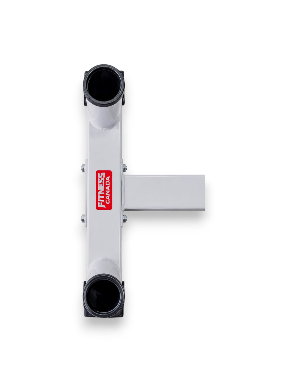 Light gray Fitness Canada Olympic Weight Plate Tree barbell holders and Fitness Canada logo isolated on a white background