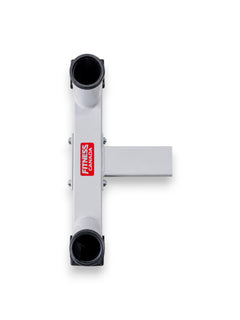 Light gray Fitness Canada Olympic Weight Plate Tree barbell holders and Fitness Canada logo isolated on a white background