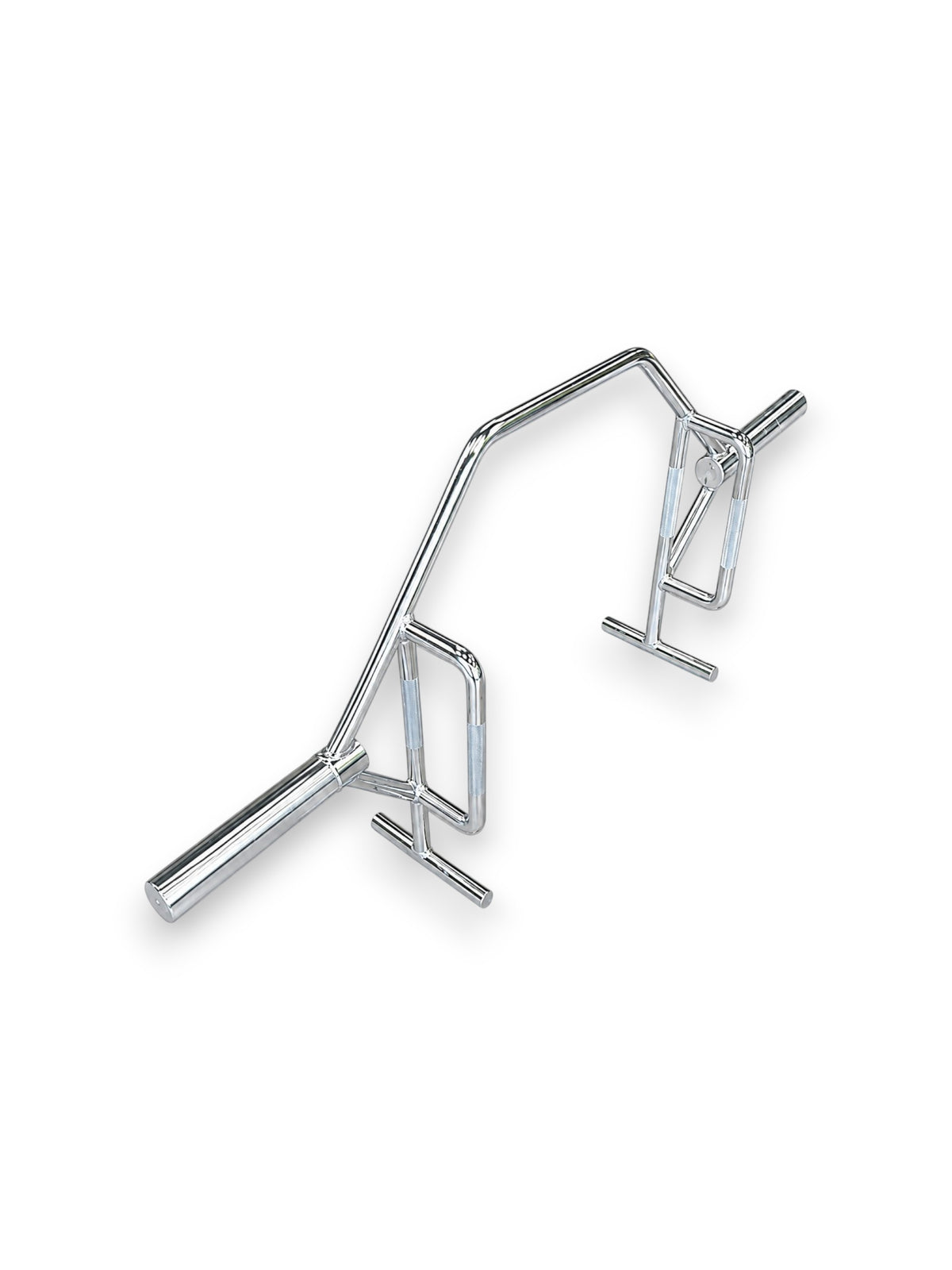Angled view of the Chrome Fitness Canada 55lb Open Trap Bar with dual knurled handles, built-in loading feet, and 2 inch Olympic weight sleeves isolated on a white background