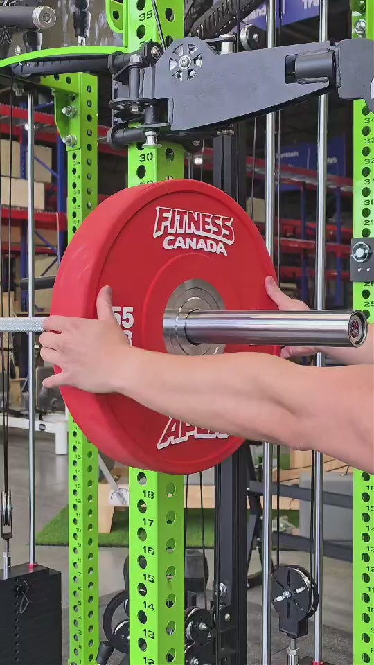 Video reel of Apex series competition bumper plates set 10 to 55 lb fitness canada for olympic lifting and strength training
