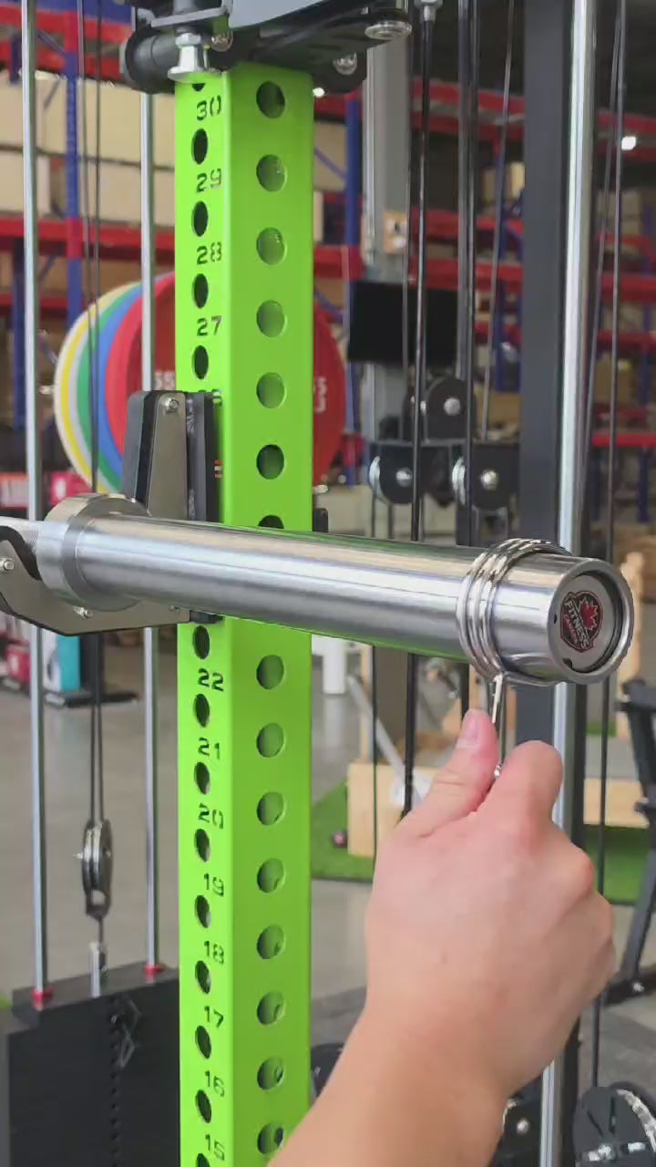 Video reel of premium 7ft high-strength alloy stainless steel Apex Series Competition Barbell from Fitness Canada featuring volcanic knurled shaft grip rings and dual hard chrome Olympic sleeves