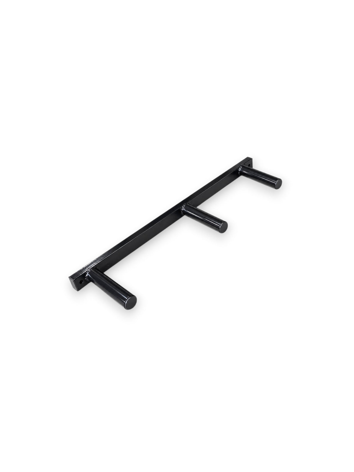 Glossy black steel wall-mounted triple peg weight plate storage rack from the X-Rival Series with three Olympic-sized pins, isolated on a white background as seen in WALL MOUNTED TRIPLE PEG PLATE STORAGE