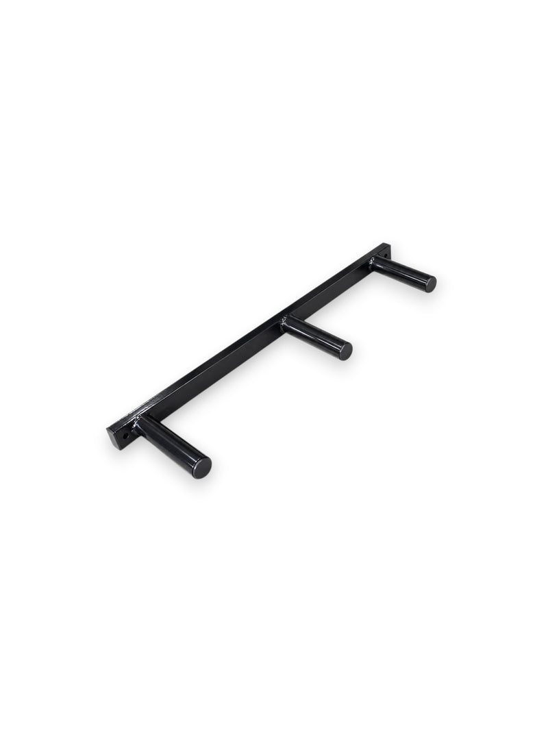 Glossy black steel wall-mounted triple peg weight plate storage rack from the X-Rival Series with three Olympic-sized pins, isolated on a white background as seen in WALL MOUNTED TRIPLE PEG PLATE STORAGE